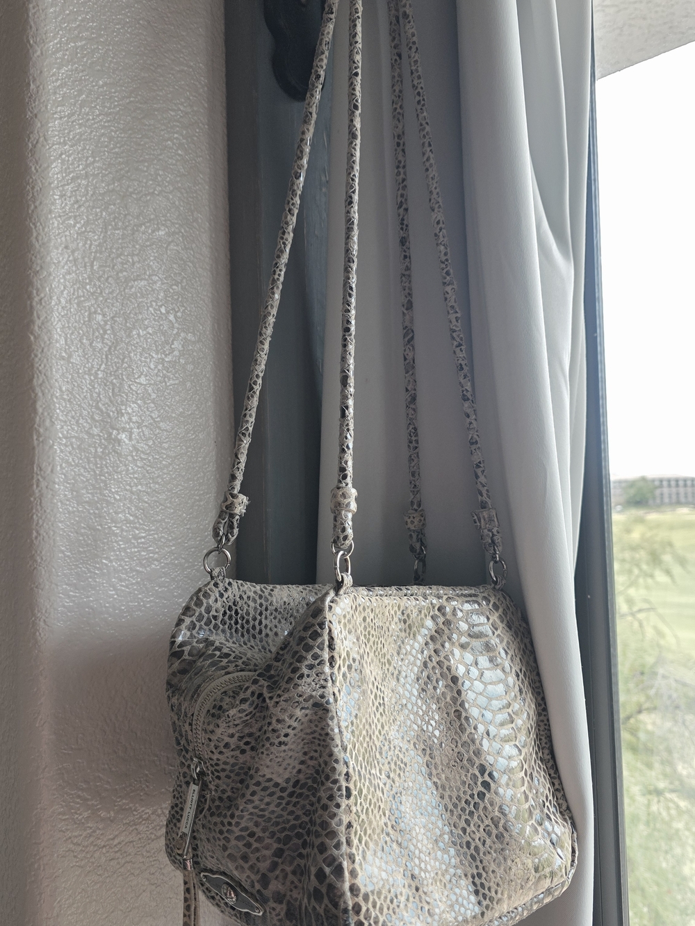 Elliott Lucca Snake-Embossed Crossbody Bag in Beige and Gray